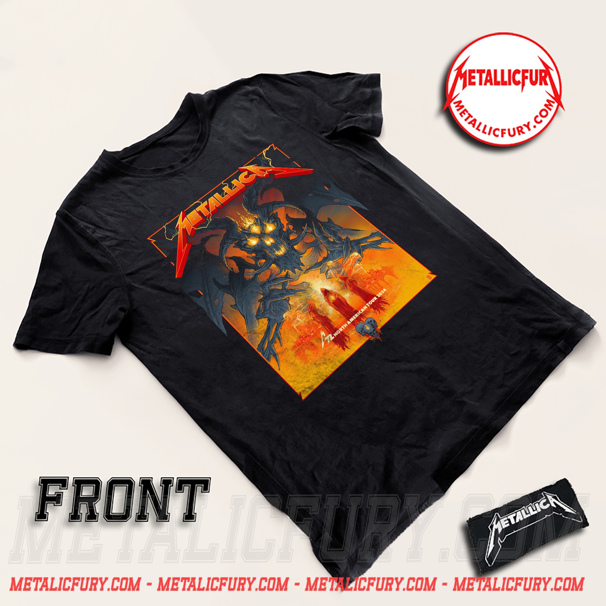 Front view of Metallica M72 Tour 2024 Minneapolis Pop-Up Shop T-Shirt – Vance Kelly