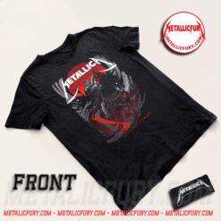 Front view of Metallica M72 Tour Denver Pop-Up Shop T-Shirt – Empower Field at Mile High, Denver, Colorado – Artwork by Becky Cloonan