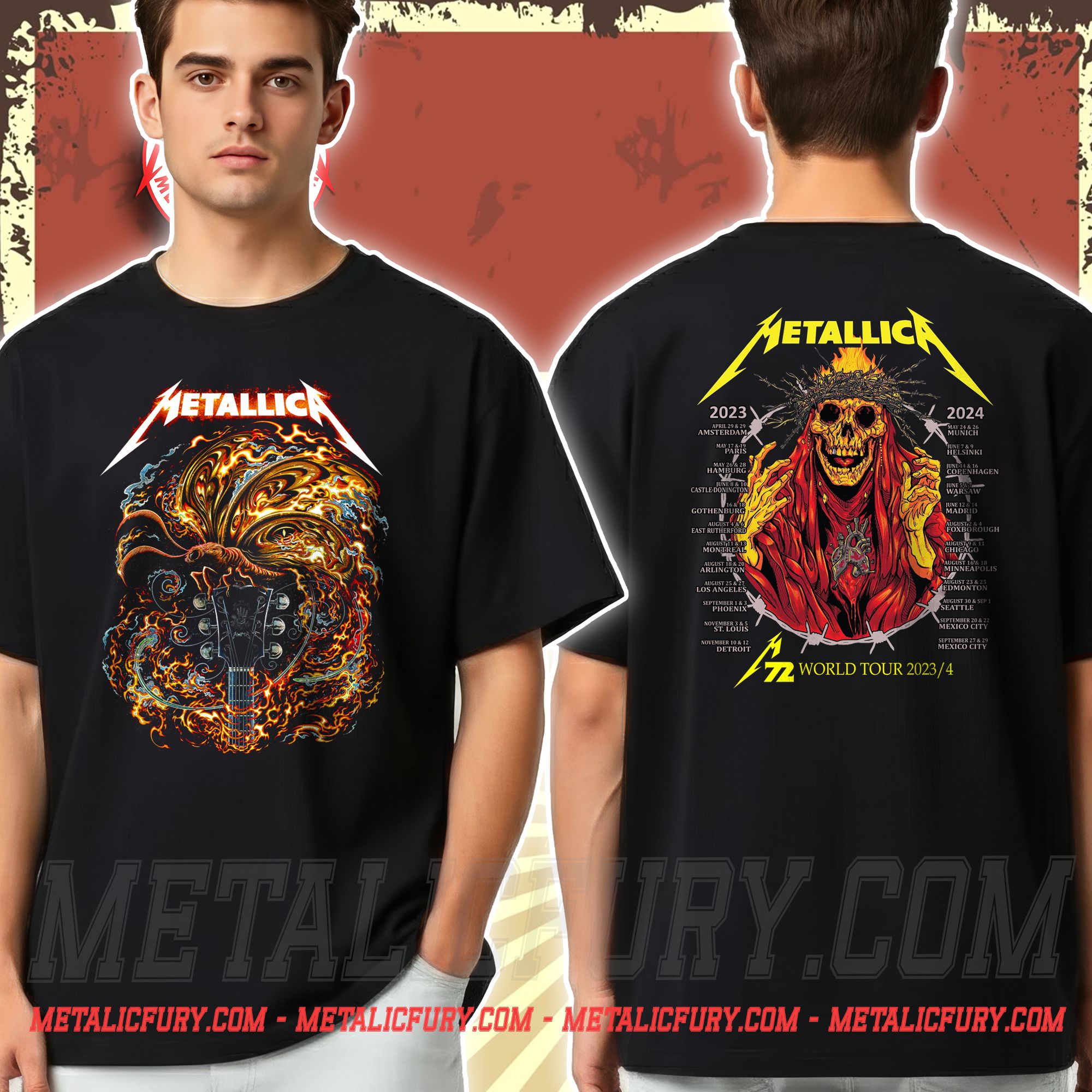 Metallica M72 World Tour T-Shirt 2023/2024 - Moth & Guitar / Flaming Skeleton - Double Sided Tee