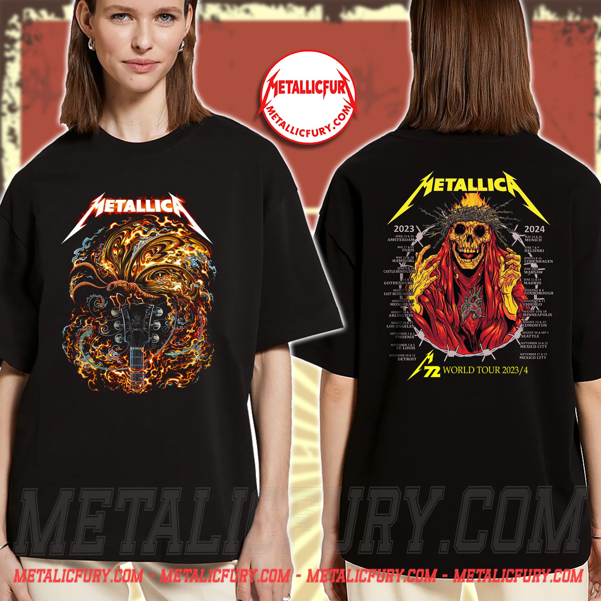 Metallica M72 World Tour T Shirt 2023 2024 Moth Guitar Flaming Skeleton Double Sided Tee 2