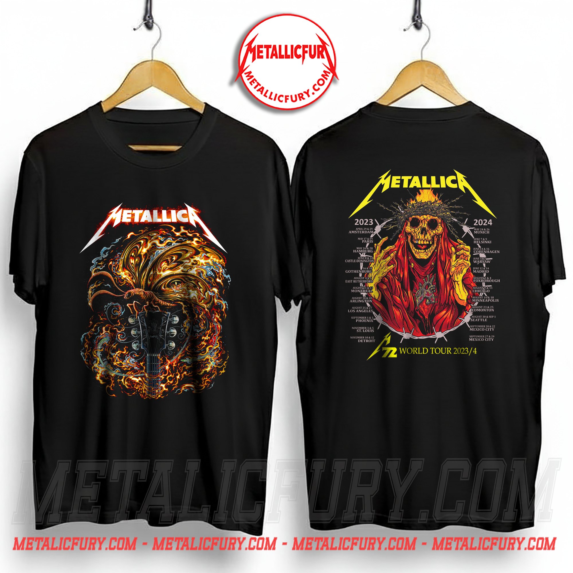 Metallica M72 World Tour T-Shirt 2023/2024 - Moth & Guitar / Flaming Skeleton - Double Sided Tee