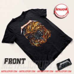 Front view of Metallica M72 World Tour T-Shirt 2023/2024 - Moth & Guitar / Flaming Skeleton - Double Sided Tee