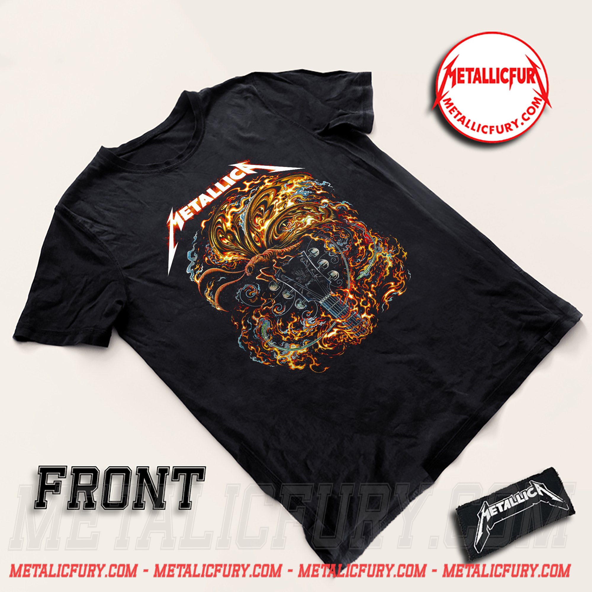Front view of Metallica M72 World Tour T-Shirt 2023/2024 - Moth & Guitar / Flaming Skeleton - Double Sided Tee