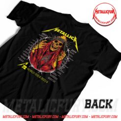 Back view of Metallica M72 World Tour T-Shirt 2023/2024 - Moth & Guitar / Flaming Skeleton - Double Sided Tee