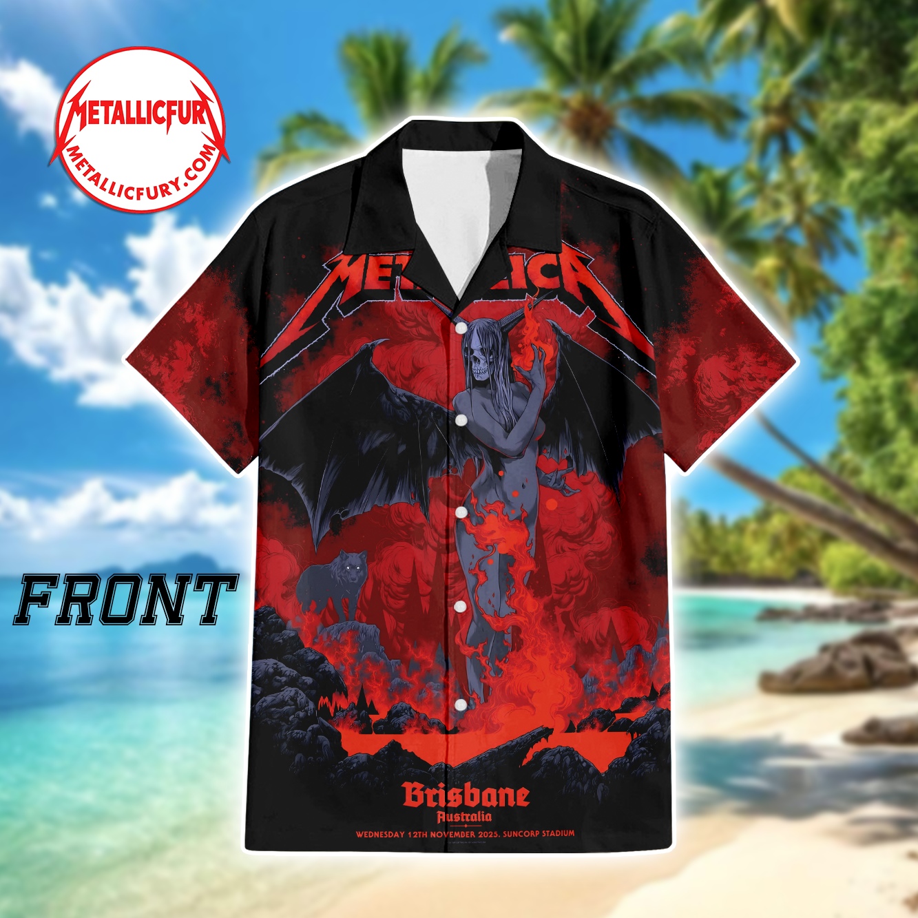 Metallica M72 Brisbane Pop-Up Shop Hawaiian Shirt In Brisbane, Australia At Suncorp Stadium