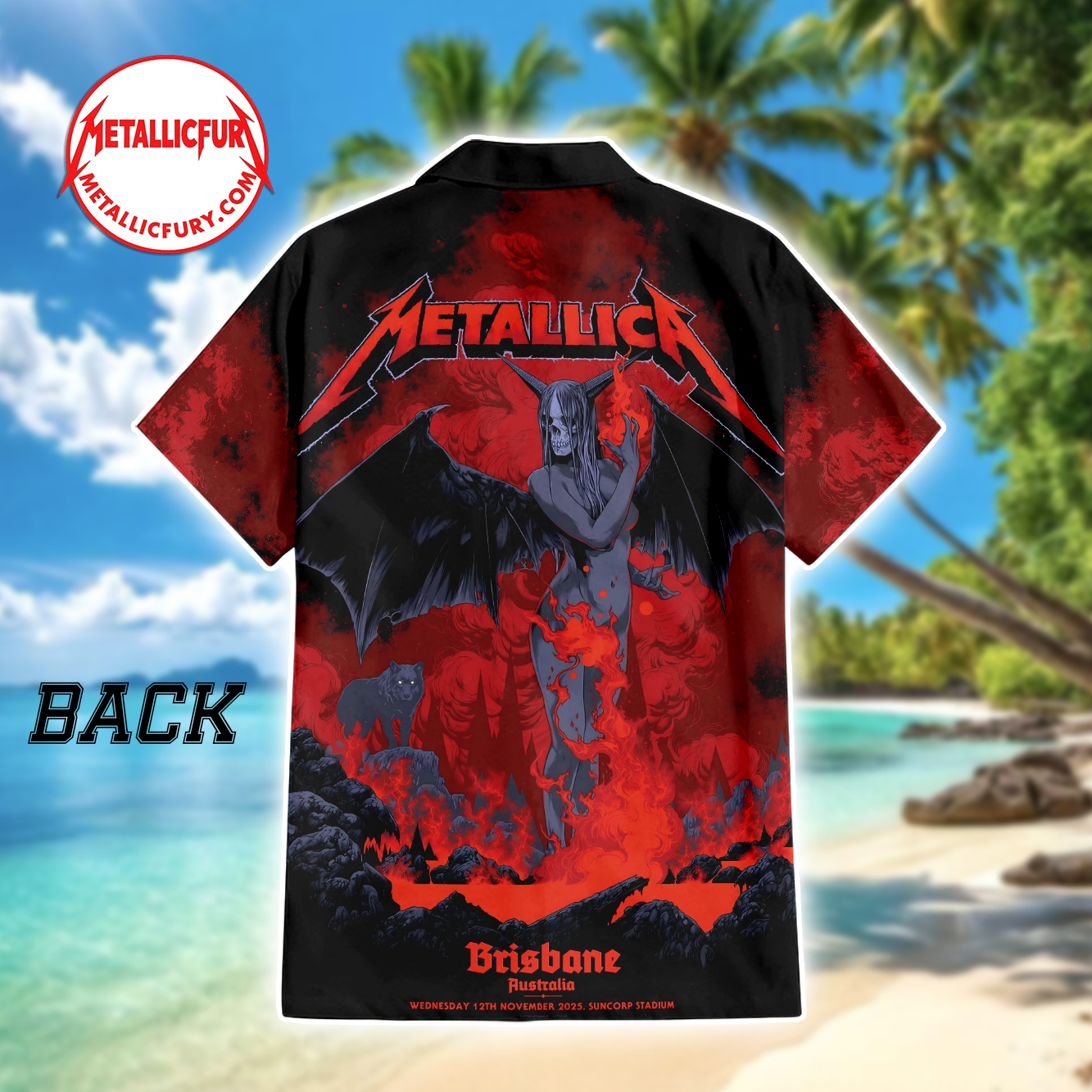 Metallica M72 Brisbane Pop-Up Shop Hawaiian Shirt In Brisbane, Australia At Suncorp Stadium