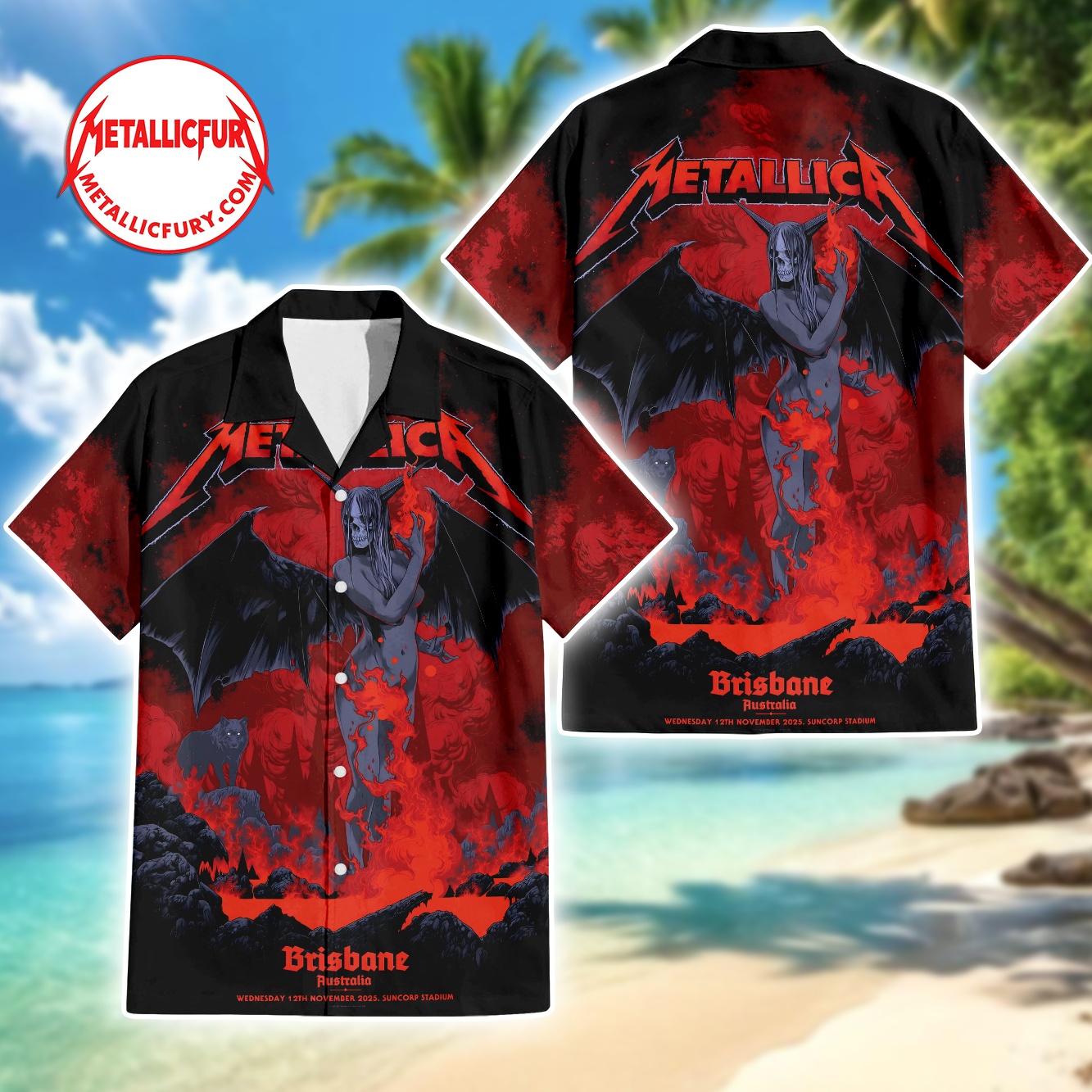 Metallica M72 Brisbane Pop-Up Shop Hawaiian Shirt In Brisbane, Australia At Suncorp Stadium