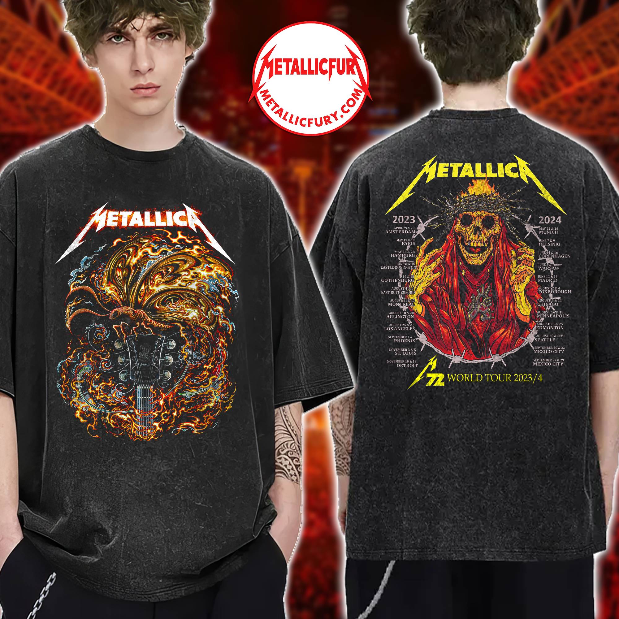 Metallica M72 World Tour Washed T-Shirt 2023/2024 – Moth & Guitar / Flaming Skeleton