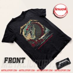 Front view of official Metallica M72 Syracuse 2025 Pop-Up Shop T-Shirt In Syracuse, New York At JMA Wireless Dome
