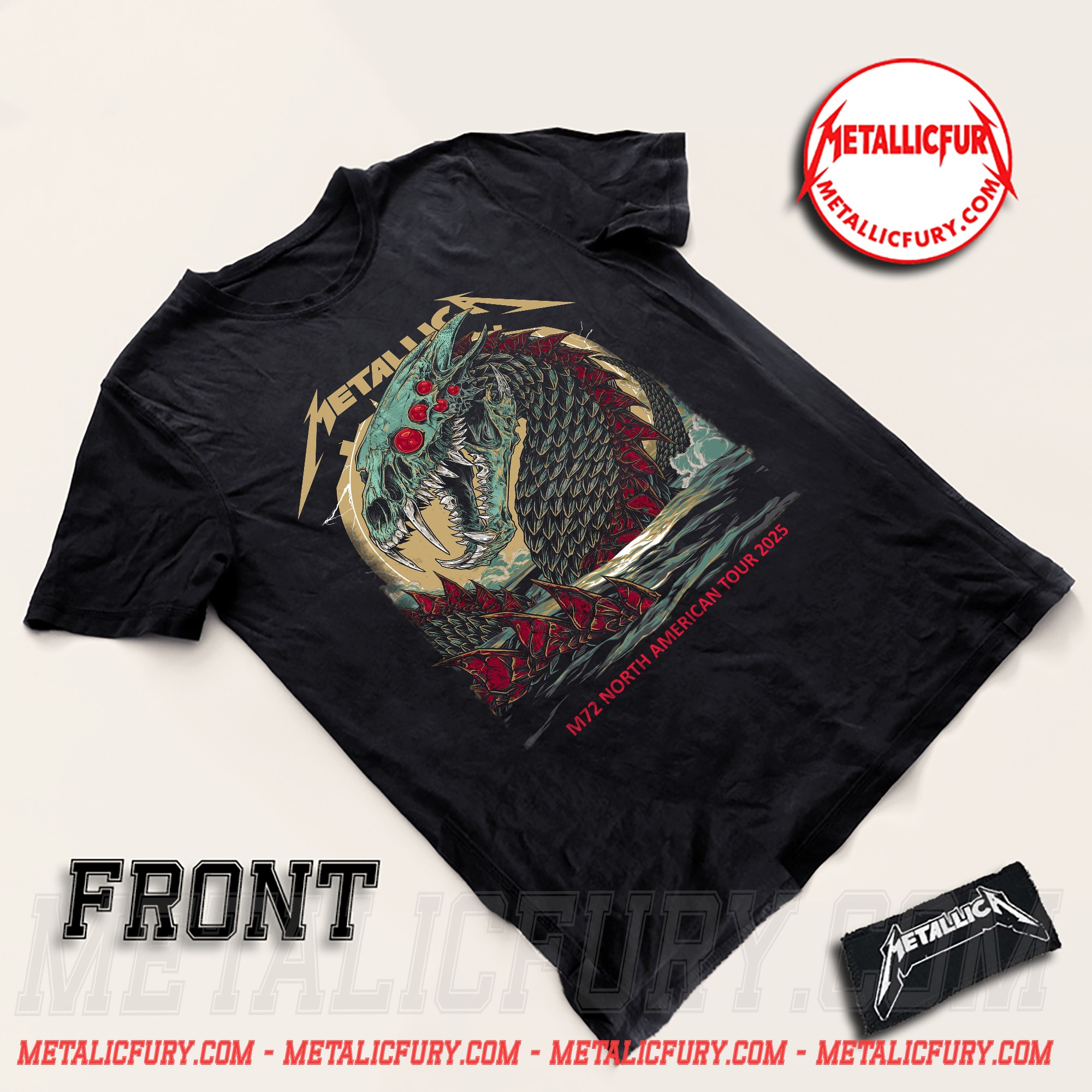 Front view of official Metallica M72 Syracuse 2025 Pop-Up Shop T-Shirt In Syracuse, New York At JMA Wireless Dome