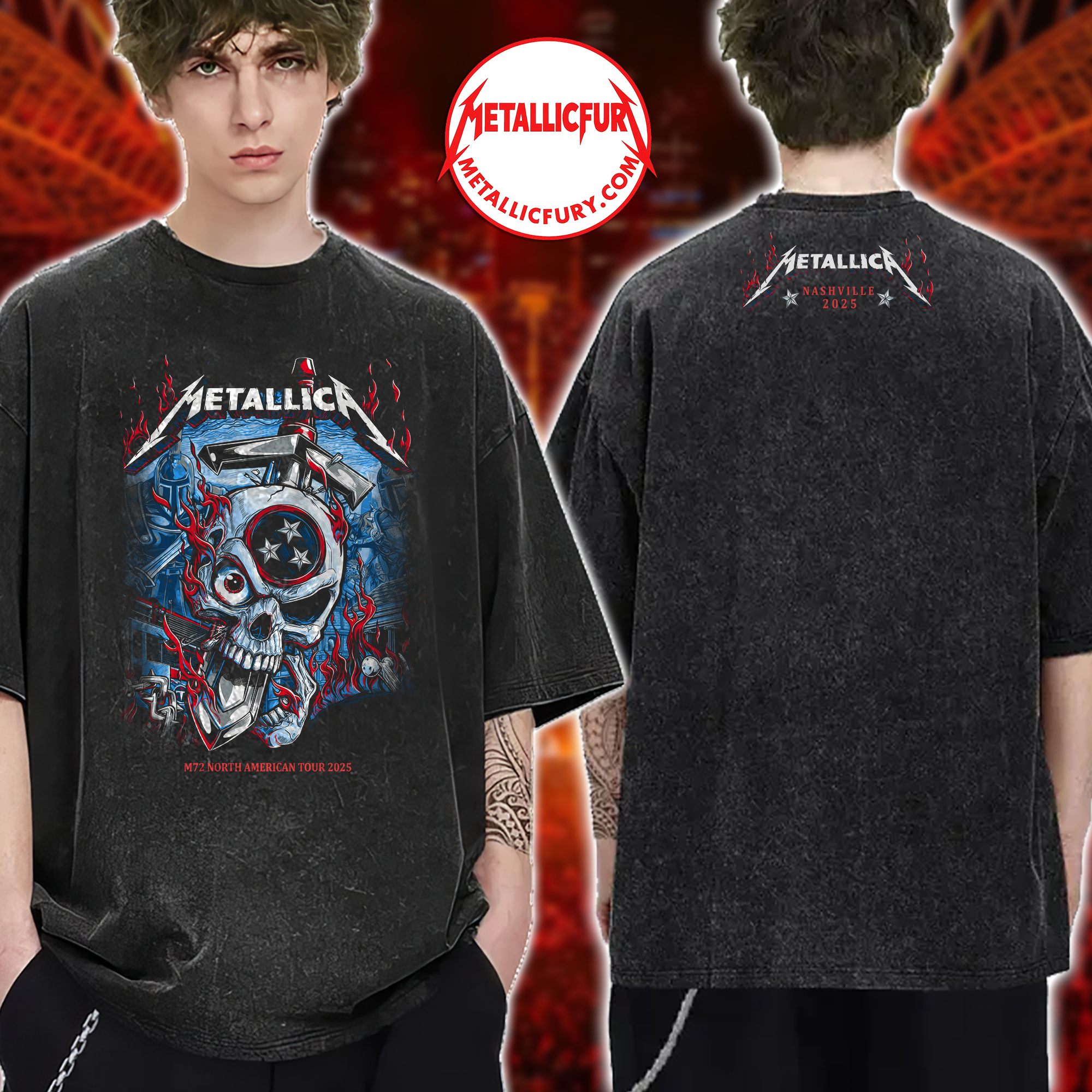 Metallica M72 Tour Nashville 2025 Exclusive Pop-Up Shop Washed T Shirt - Tri-Star Skull