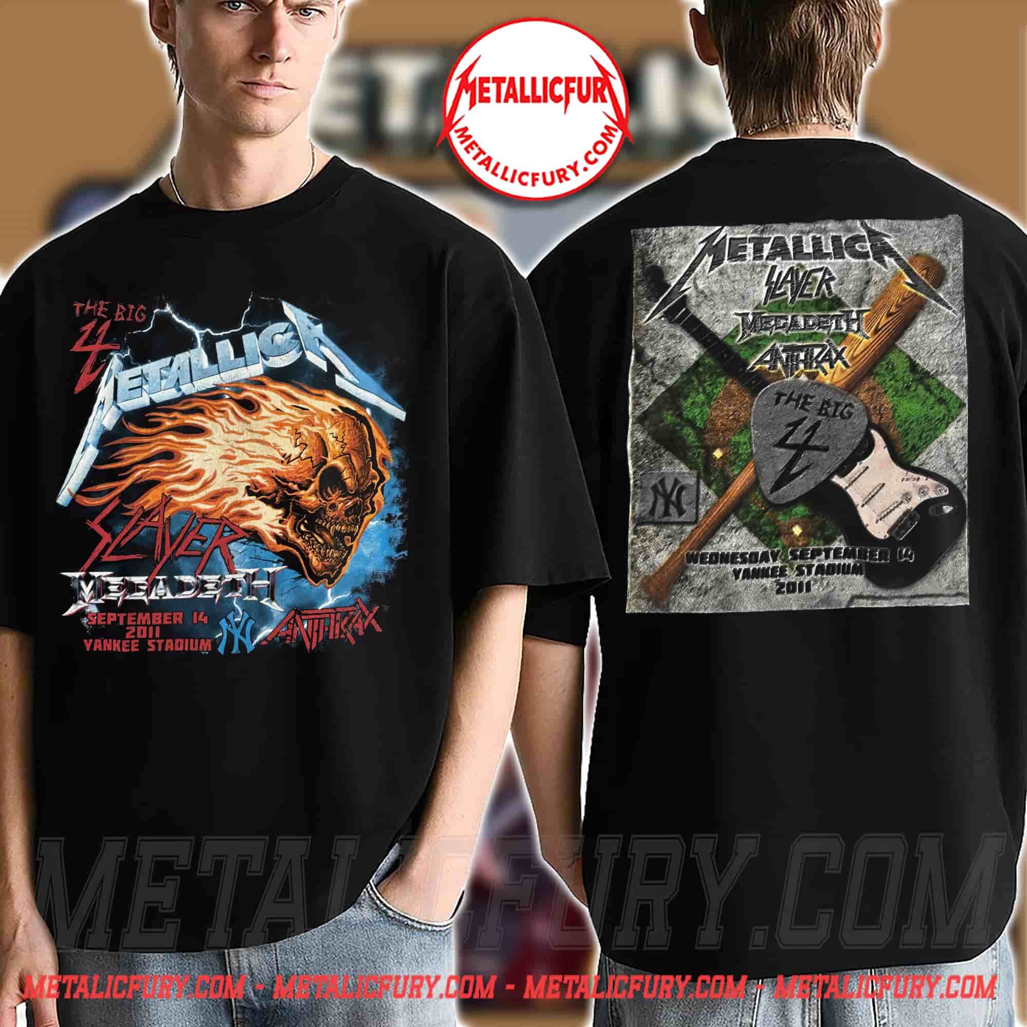 Metallica Big 4 Flaming Skull & Crossed Bat 2011 2-Sided Tour Shirt
