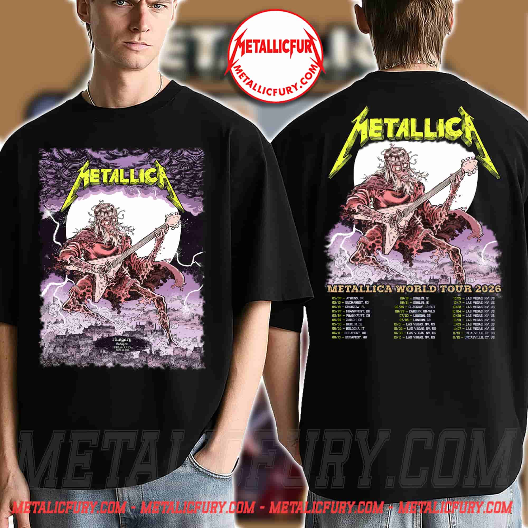 Metallica Budapest 2026 Double-Sided T-Shirt - Night 1, June 11 in Hungary - World Tour Backprint