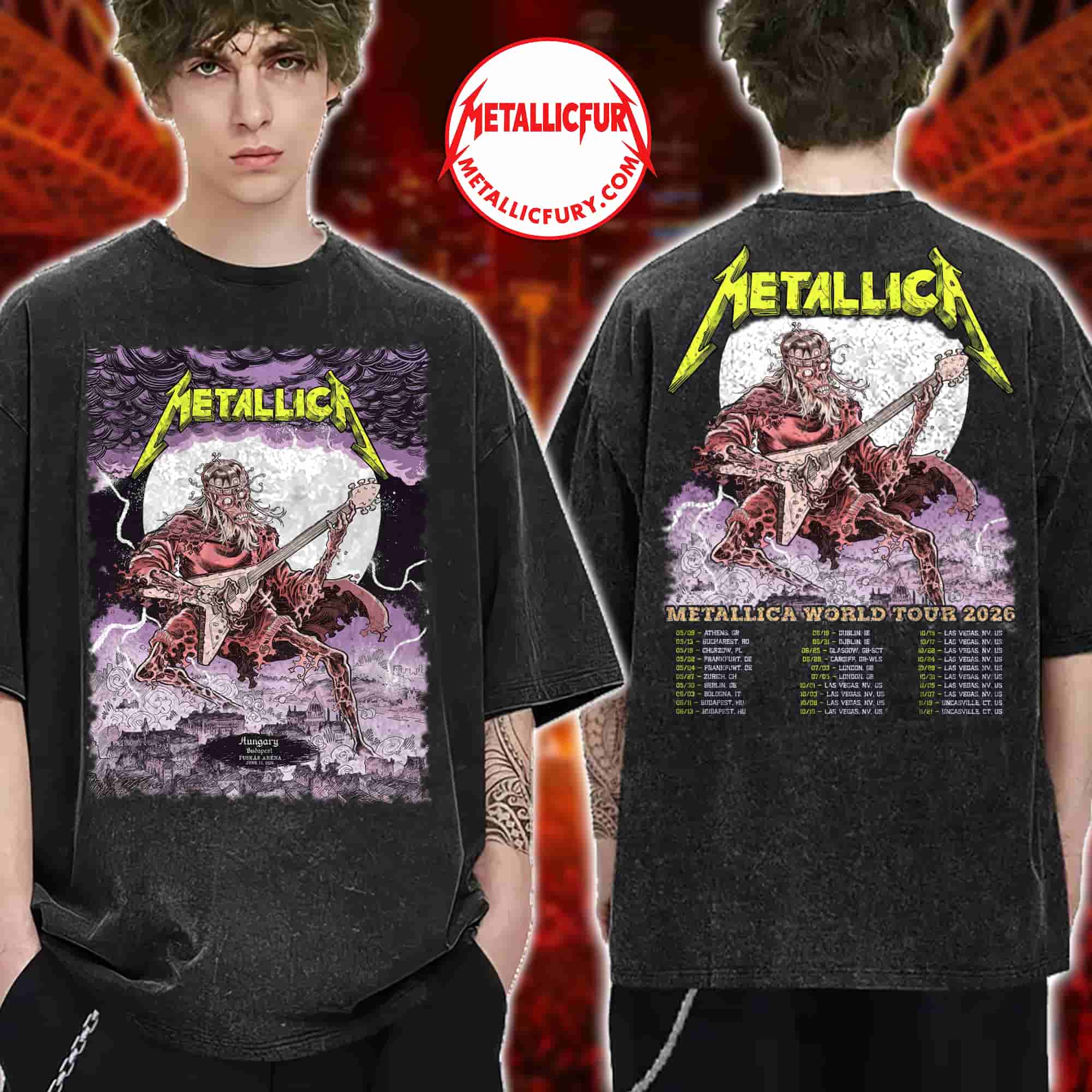 Metallica Budapest 2026 Double-Sided T-Shirt - Night 1, June 11 in Hungary - World Tour Backprint
