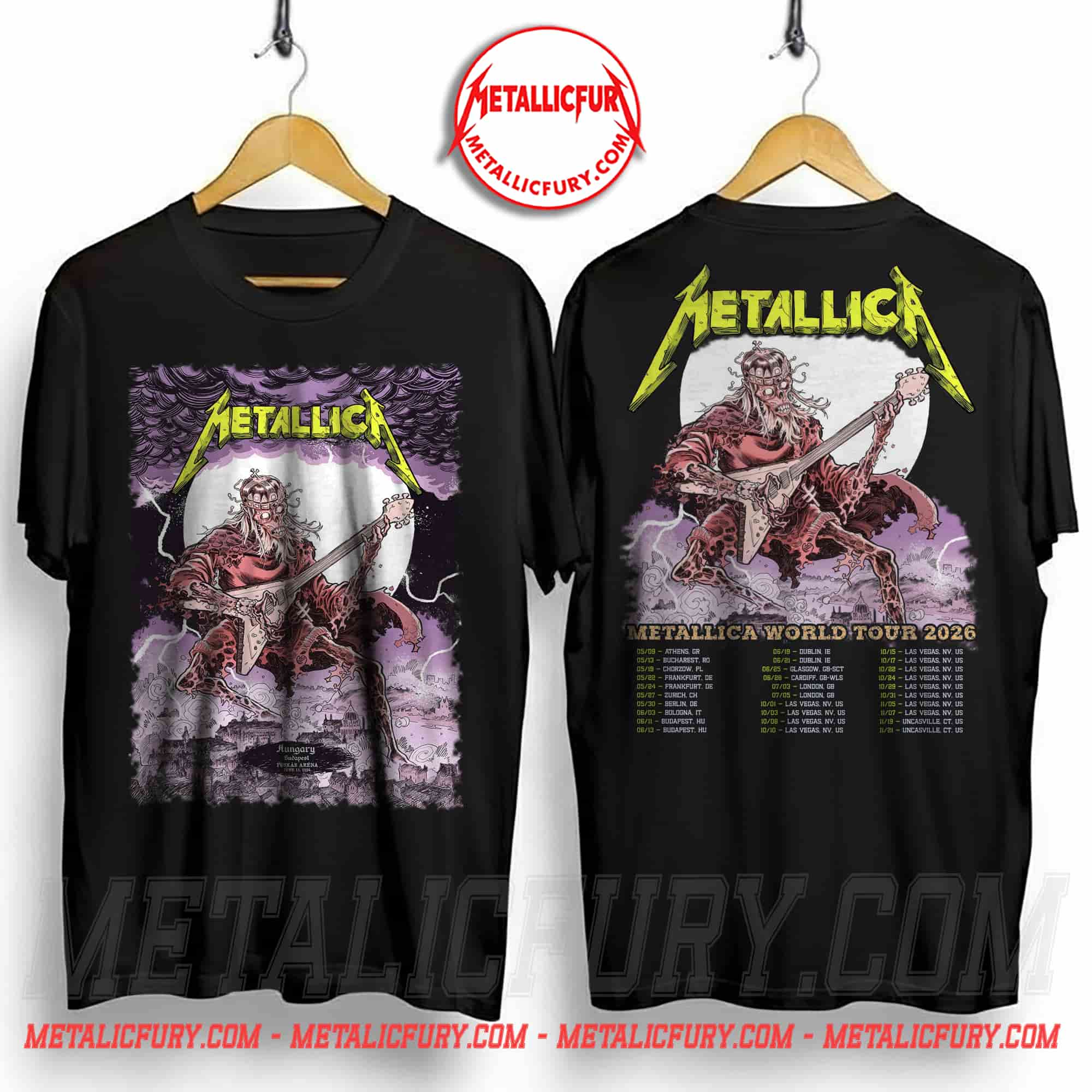Metallica Budapest 2026 Double-Sided T-Shirt - Night 1, June 11 in Hungary - World Tour Backprint