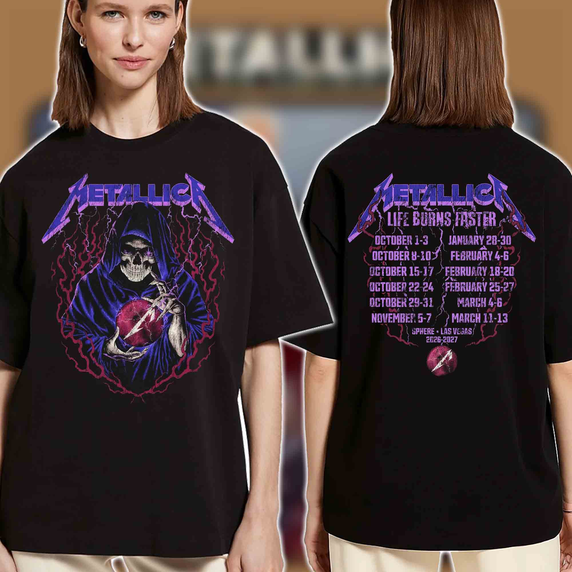 Metallica Life Burns Faster 2026 2027 Las Vegas Merch Tee - Skeleton Wizard
