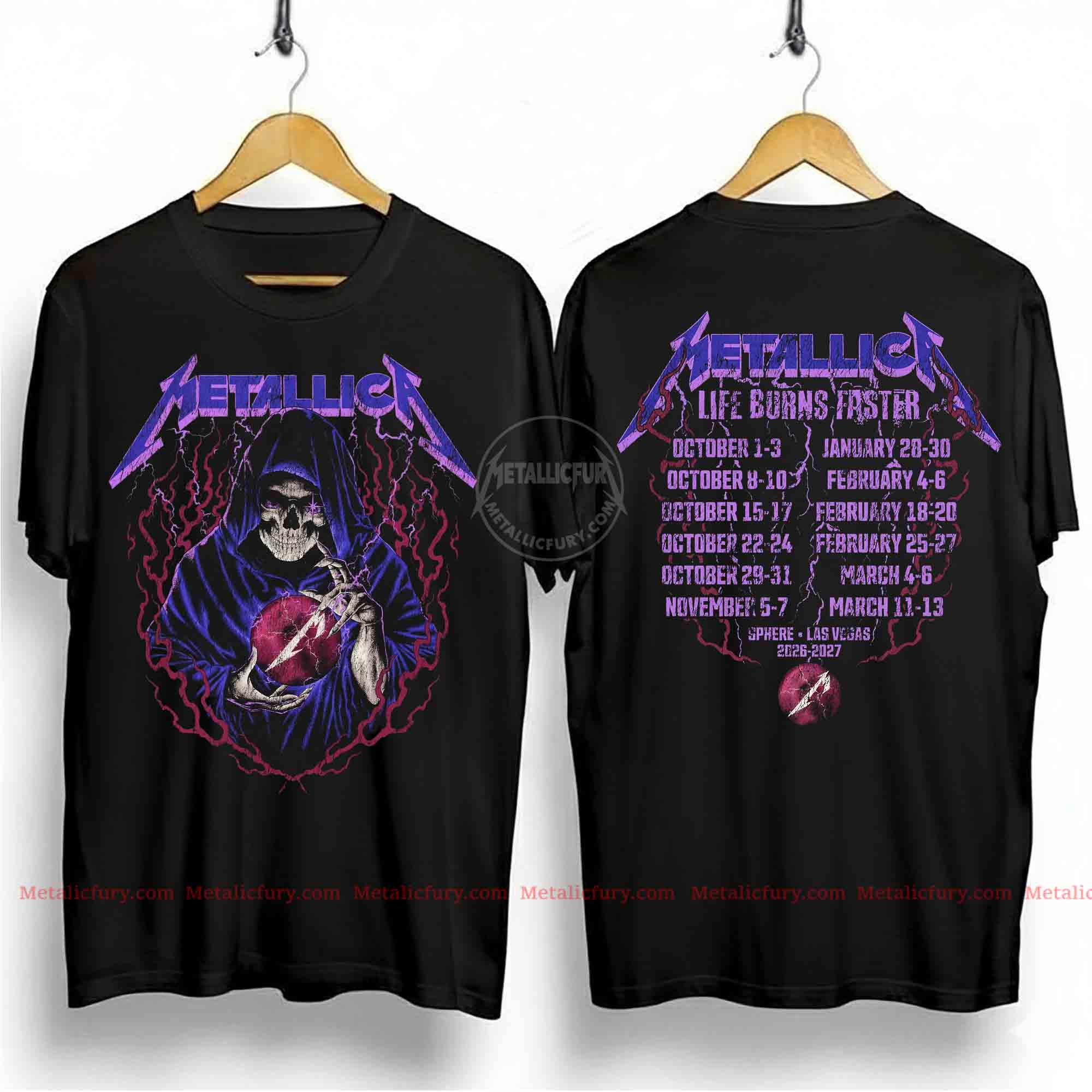 Metallica Life Burns Faster 2026 2027 Las Vegas Merch Tee - Skeleton Wizard