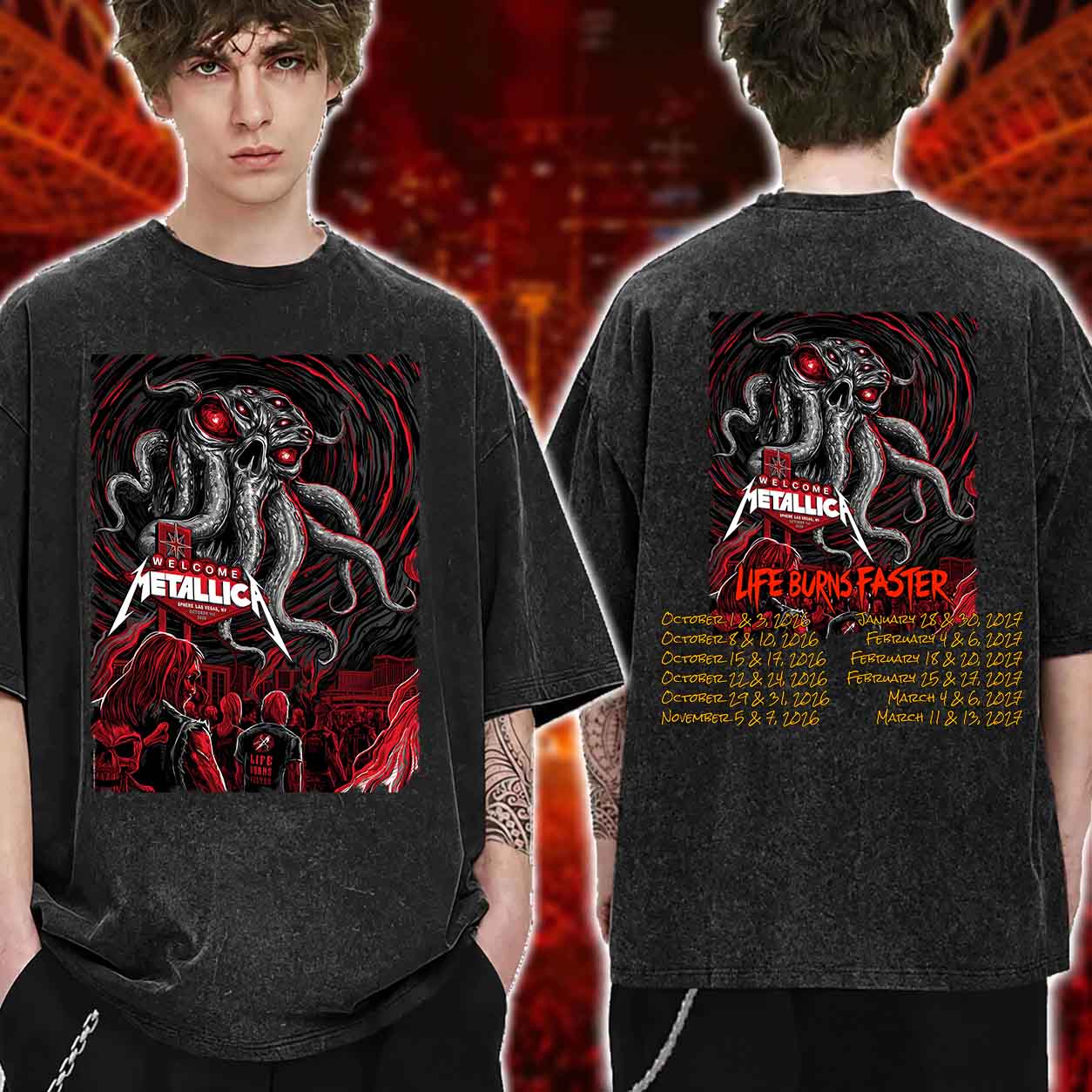 Metallica Life Burns Faster Las Vegas Night 1 Cthulhu Washed T-Shirt
