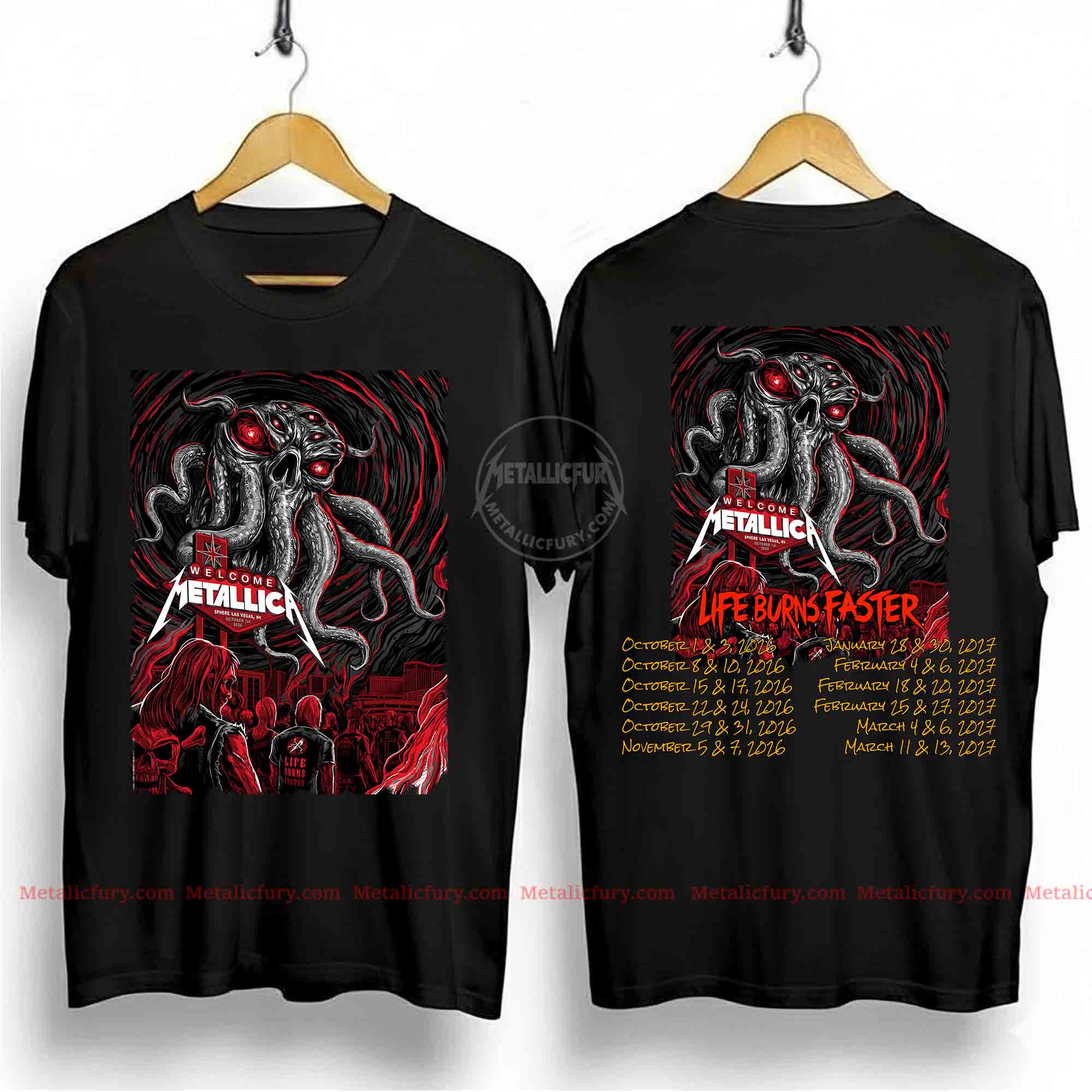 Metallica Life Burns Faster Sphere October 1 2026 Cthulhu Two Sided T-Shirt