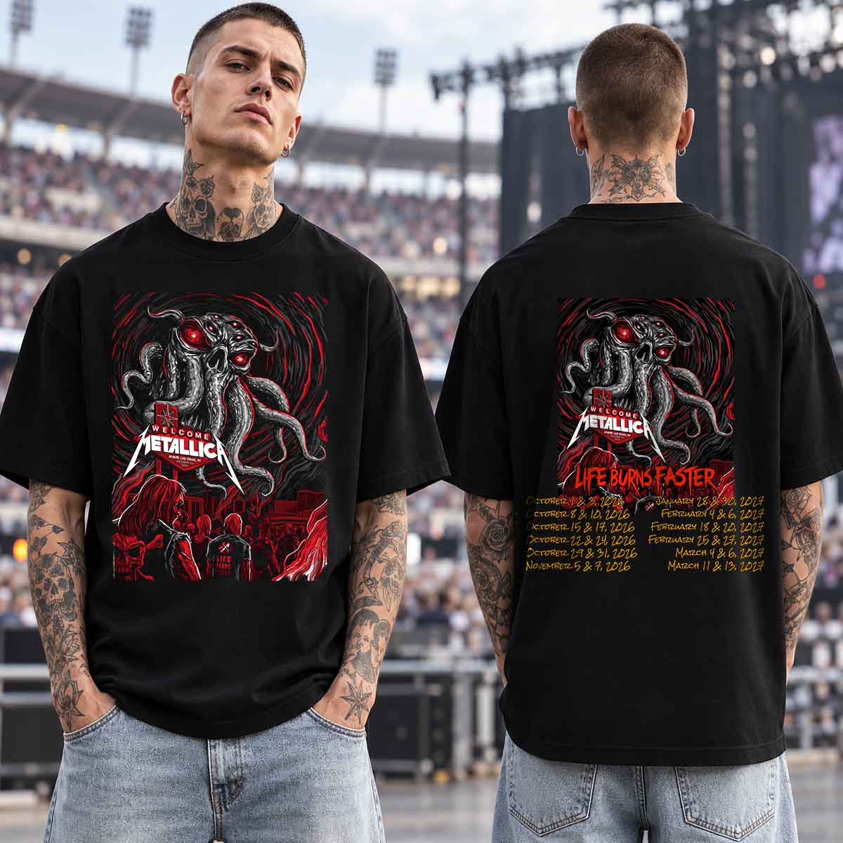 Metallica Life Burns Faster Sphere October 1 2026 Cthulhu Two Sided T-Shirt